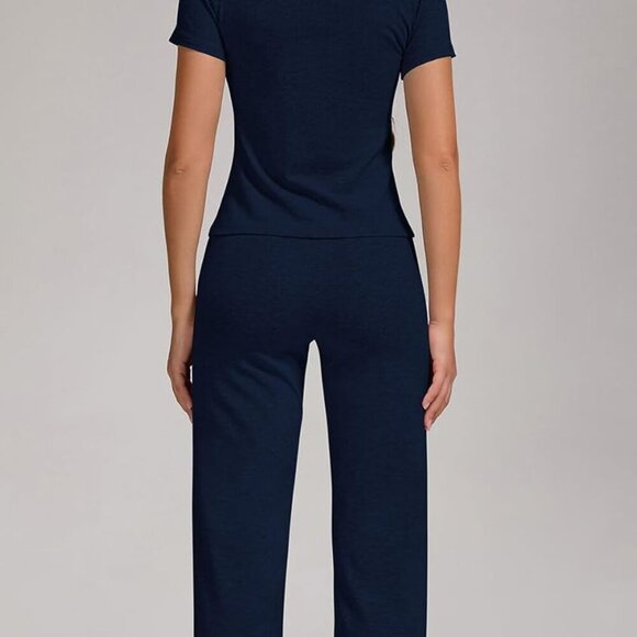 Navy Women's 2 Piece Lounge Set Slim Short Sleeve Top Elastic Waist Straight Leg - Picture 5 of 5